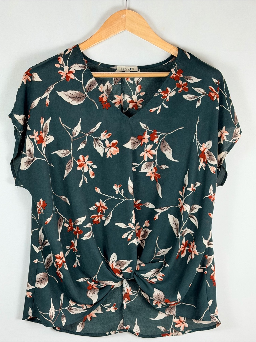 Twist Front Blouse Floral Green Draped Short Sleeve Top Size Large
